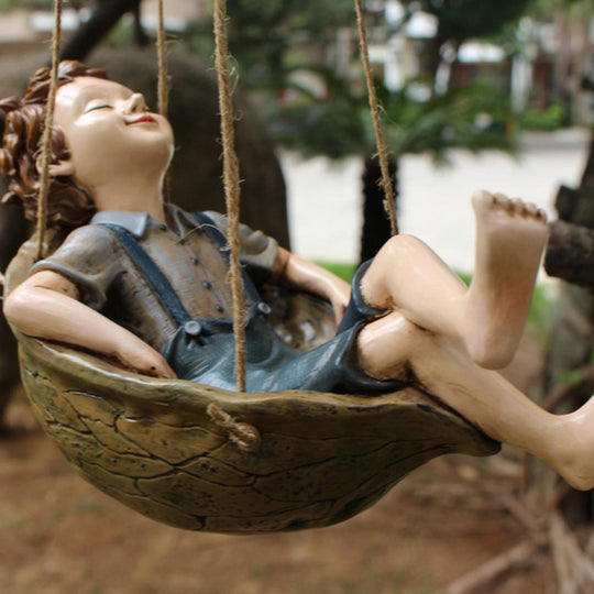 Joyful Swing Boy Hanging Statue Decor