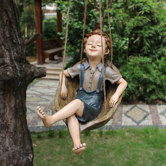 Joyful Swing Boy Hanging Statue Decor