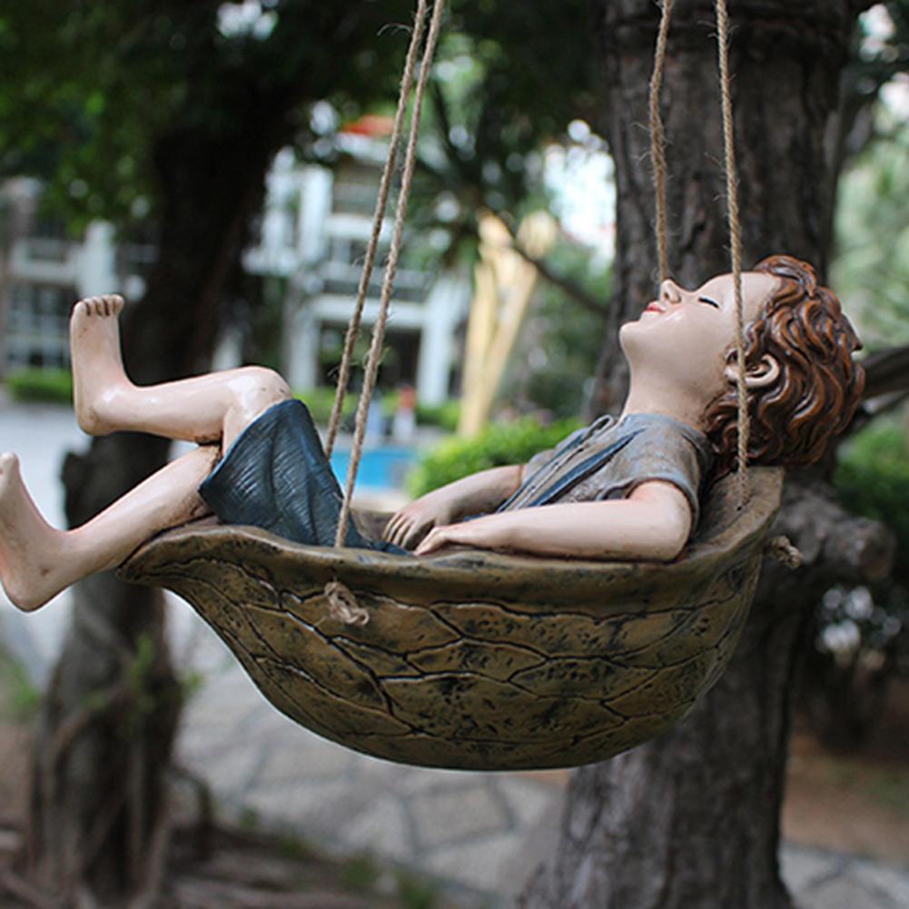 Joyful Swing Boy Hanging Statue Decor